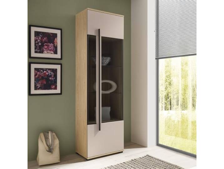 Lomadox Wohnzimmer Vitrine 60 cm breit in Kaschmir Beige mit Cremona Eiche, inkl. 1 Glastür & 2 Glaseinlegeböden
