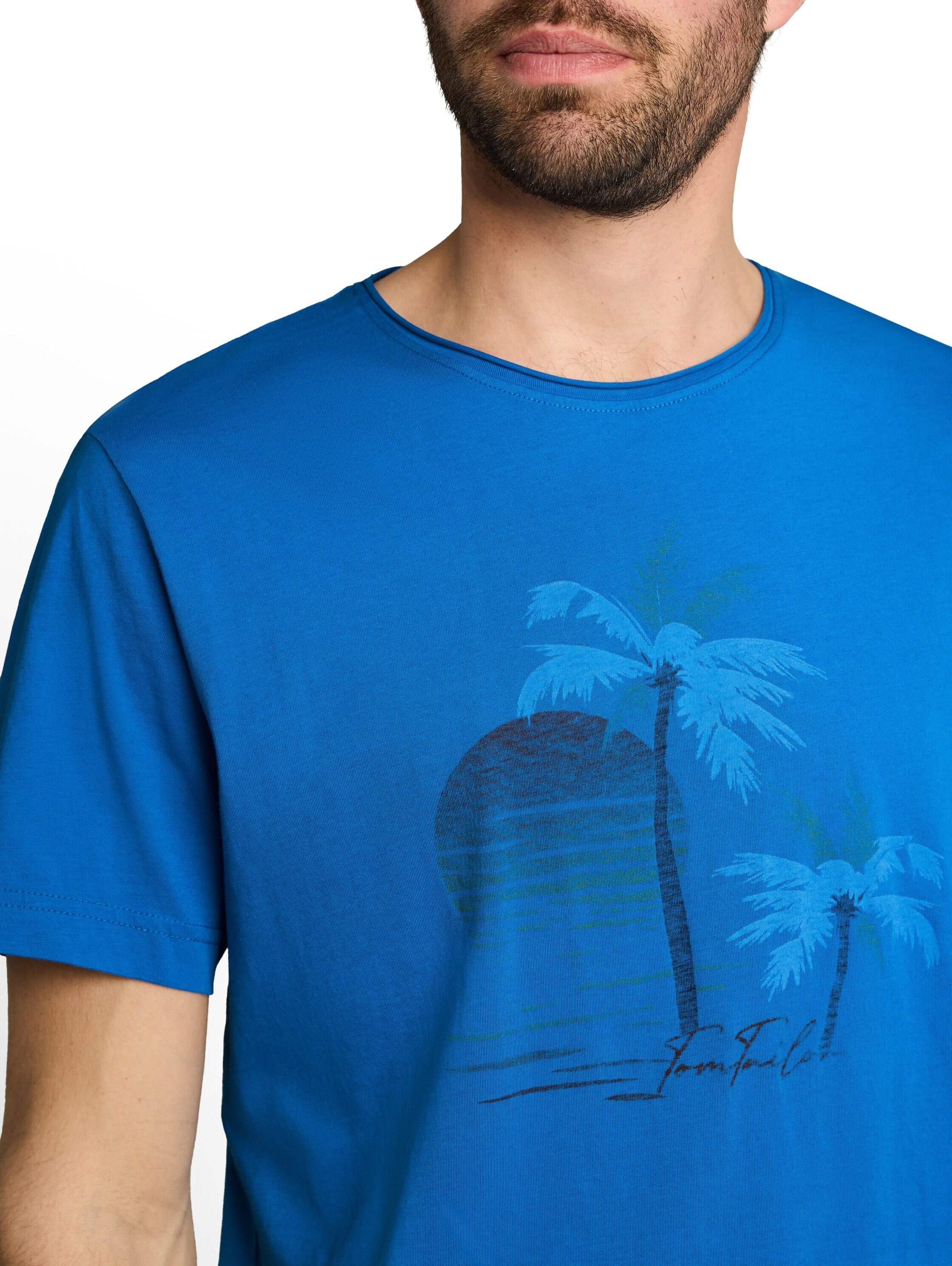 Rundhalsshirt TOM TAILOR, Herren, Gr. M, blau (surf blau), Single Jersey, Obermaterial: 100% Baumwolle, bedruckt, regular fit hüftbedeckend, Rundhals, abgesteppte Kante, Shirts Rundhalsshirt, Sommershirt mit Print surf blau M