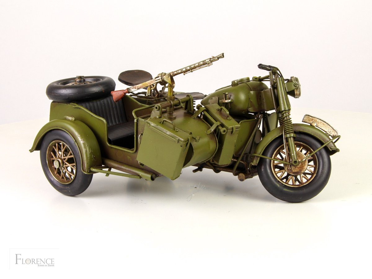 Maddeco Blikken Legermotor met Zijspan - Groen - Decoratie voor op tafel