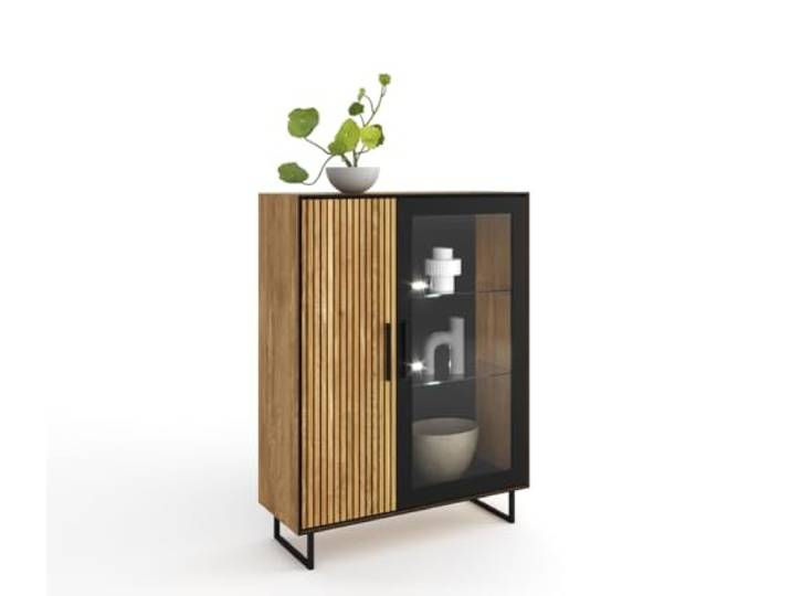 möbelando Vitrine >Eddie< in Eiche/schwarz, Eiche teilmassiv - 102x147x40cm (BxHxT)
