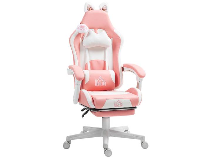 Homcom Gaming Stuhl Ergonomischer Gamer Stuhl mit Lendenwirbelstütze, Fußstütze Rosa, Kunststoff, Füllung: Schaumstoff,Schaumstoff, 62x124x65 cm, Büromöbel, Bürostühle, Gaming-Sessel