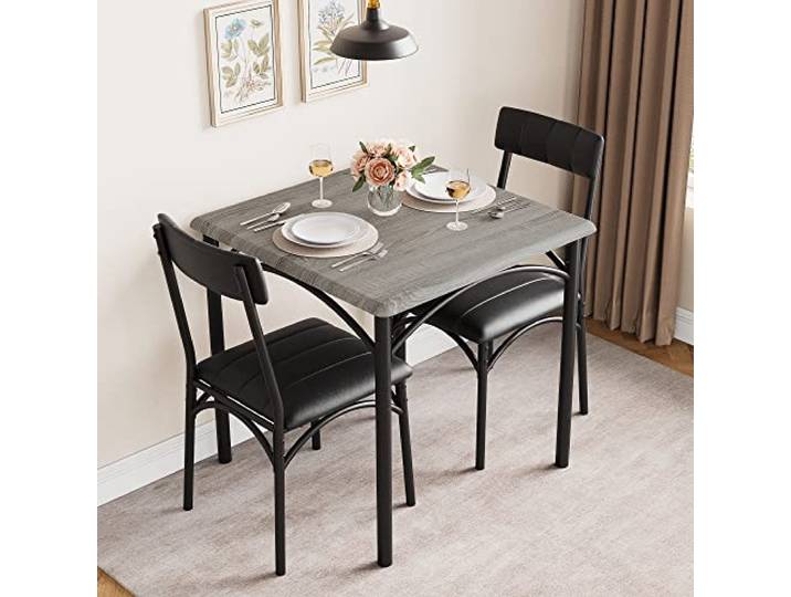 Esstisch-Set, 3-teilig, platzsparend, rechteckig, modern, 80 x 60 cm + 2 Hocker (MDF/Edelstahl, Zementgrau) für Küche/Wohnung