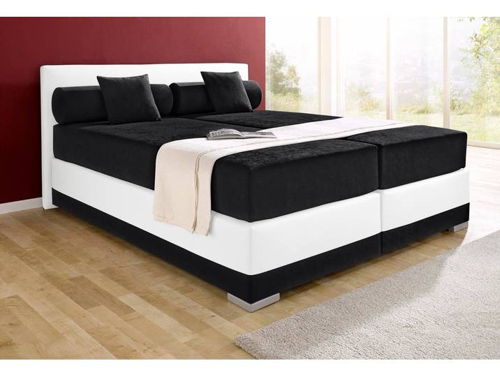 Boxspringbett, 167x210 cm, Microvelours/Kunstleder, Schwarz-Weiß, 7-Zonen-Tonnentaschenfederkern, Modern, Maintal