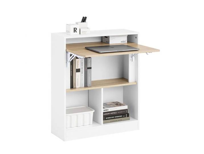 Bureau Pliable Compact avec 4 Étagères 70x85x57cm Bureau Blanc Naturel-large Blanc Naturel-large BUREAU