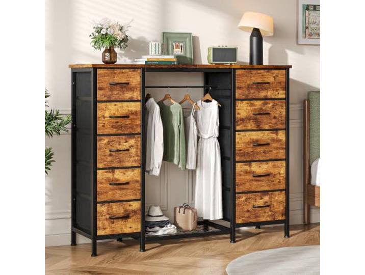 iPormis Kommode mit Kleiderstange, Kommode mit 10 Stoffschubladen, Für Schlafzimmer, Flur und Wohnzimmer, 140x30x110cm, Rustikales Braun