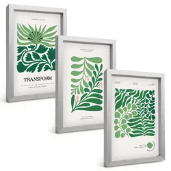 BILDER SET 3er Set - 20x30 cm Silberner Rahmen - Formen grüner Blätter