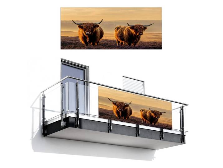 MuchoWow Balkon-Sichtschutz Schottische Hochlandbewohner - Heide - Landschaft - Tiere, Cognac, Kunststoff, Rechteckig, 300x120 cm, Sonnenschutz, Sichtschutz