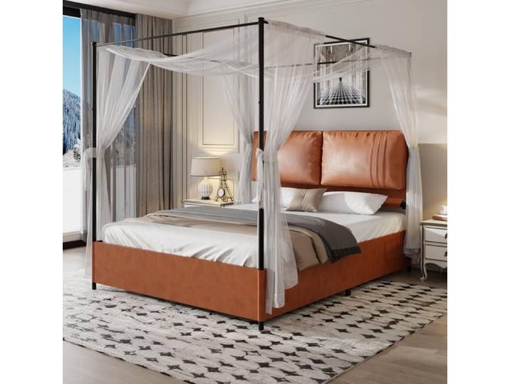 Lit à baldaquin luxe Logidon 160x200 simili cuir marron ciel de toit amovible