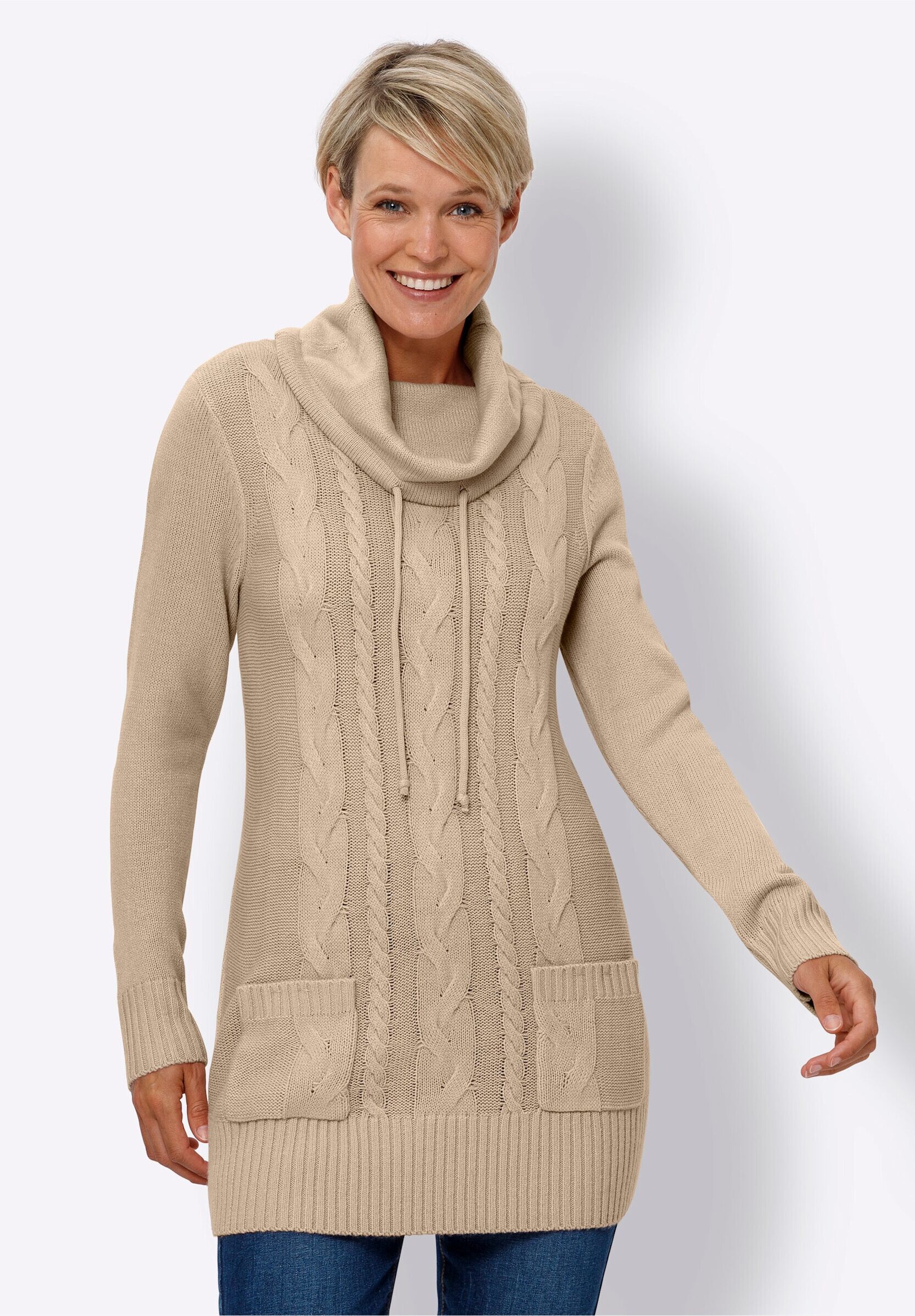 Sieh An! Longpullover SIEH AN "Longpullover Longpullover mit aufgesetzten Taschen", Damen, Gr. 56, beige, Sportlich, Pullover Longpullover