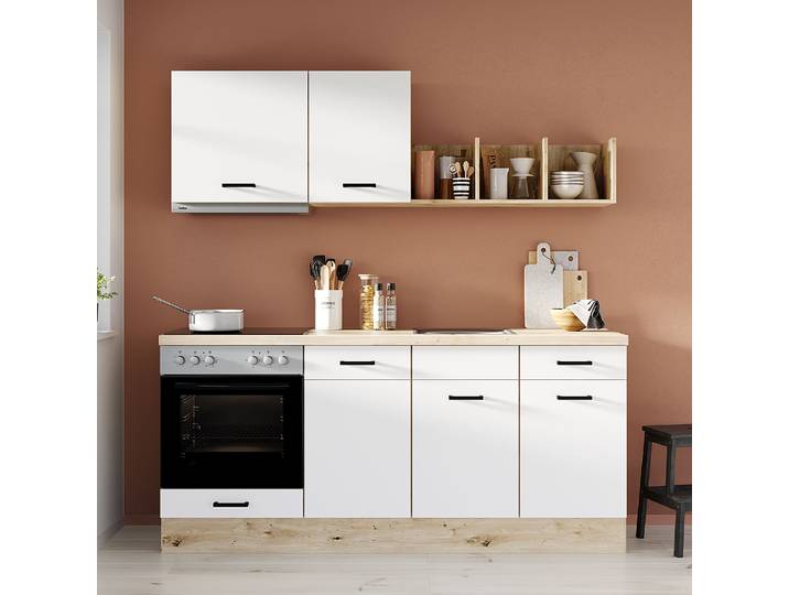 Küchenzeile Pado 195 cm 195 x 206 x 60cm Ausrichtung links Weiß/Weiß mit Elektrogeräten