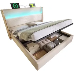 Hydraulisches Polsterbett 160x200 cm, Beige Leinen, LED-Beleuchtung, USB- & Type-C-Anschlüsse, Lattenrost inkl., Stauraum