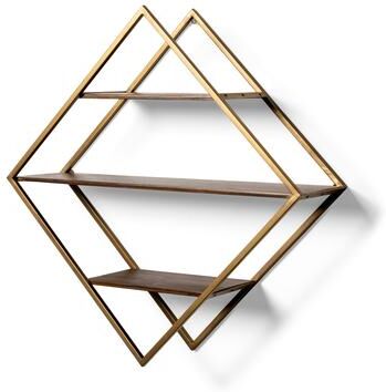 "Mercana ""Neil"" Diamond Shaped Brass Frame w/Brown Solid Wood Shelves Wall Unit - 29.8L x 8.0W x 29.8H"