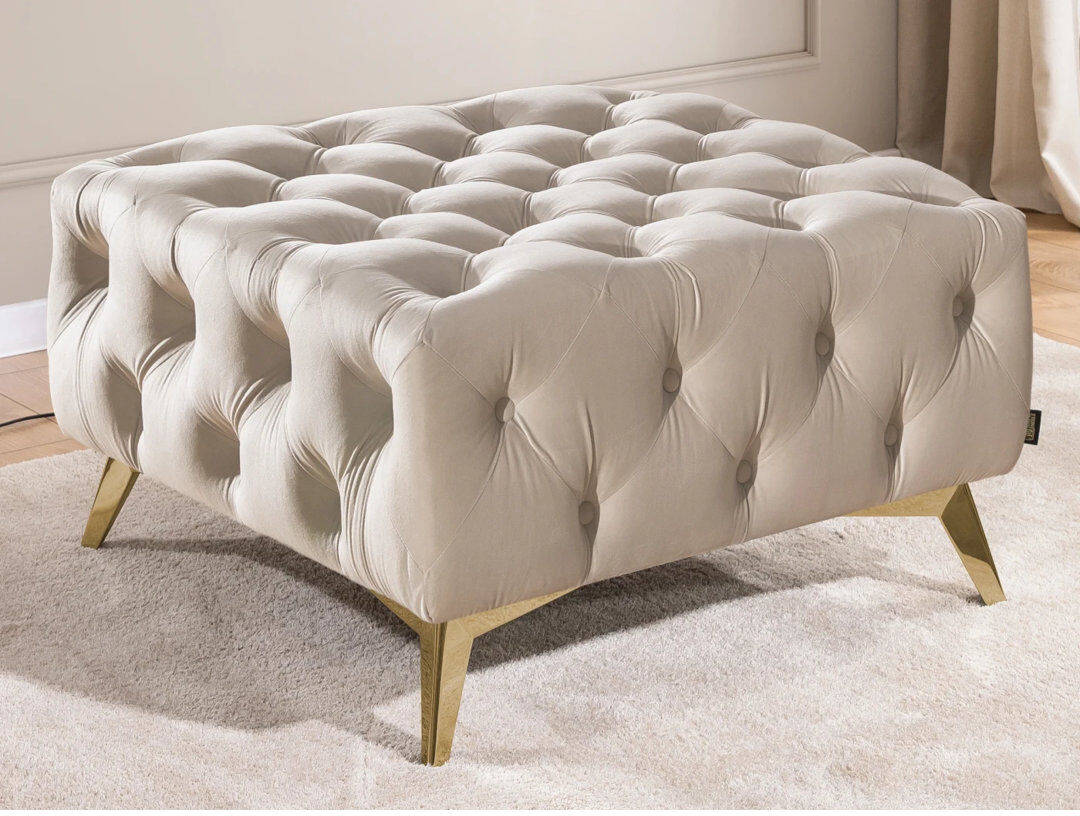S-Style Furniture Whitby 80cm Wide Velvet Tufted Square No Pattern Footstool Ottoman Gold/Beige 45cm H X 80cm W X 80cm D