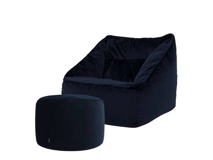 Pouf fauteuil avec repose-pied rond velours bleu minuit