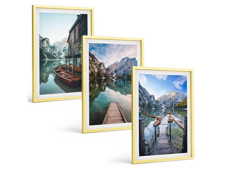 BILDER SET 3er Set - 40x60 cm Goldrahmen - See Berge Holzboote
