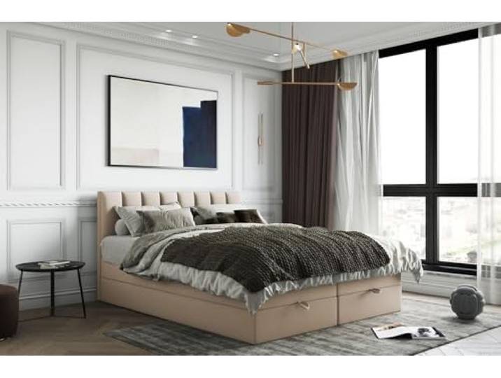 TRADA Boxspringbett, 160 x 200 cm, Gusto, Beige Bett mit Topper aus Memory Visco und Bettkasten mit Gasautomaten