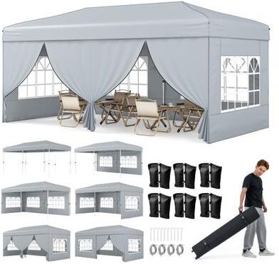 Costway 10 X 20 Feet Pop up Canopy Tent Instant Setup with 6 Sidewalls-Gray