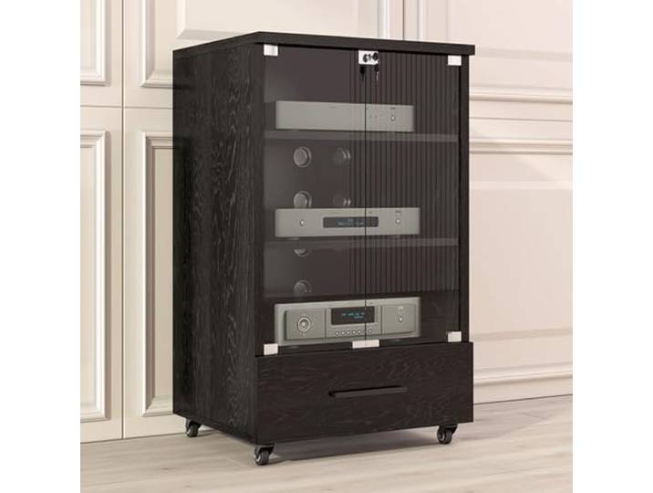 cendbirut Stereo-Schrank, AV-Schrank, Audioregalschrank mit gehärteten Glastüren, Media-HiFi-Regal, Eck-Entertainment-Center, Audio- und Videoschrank, Audioständer-Regal für KTV,Schwarz,3Layer