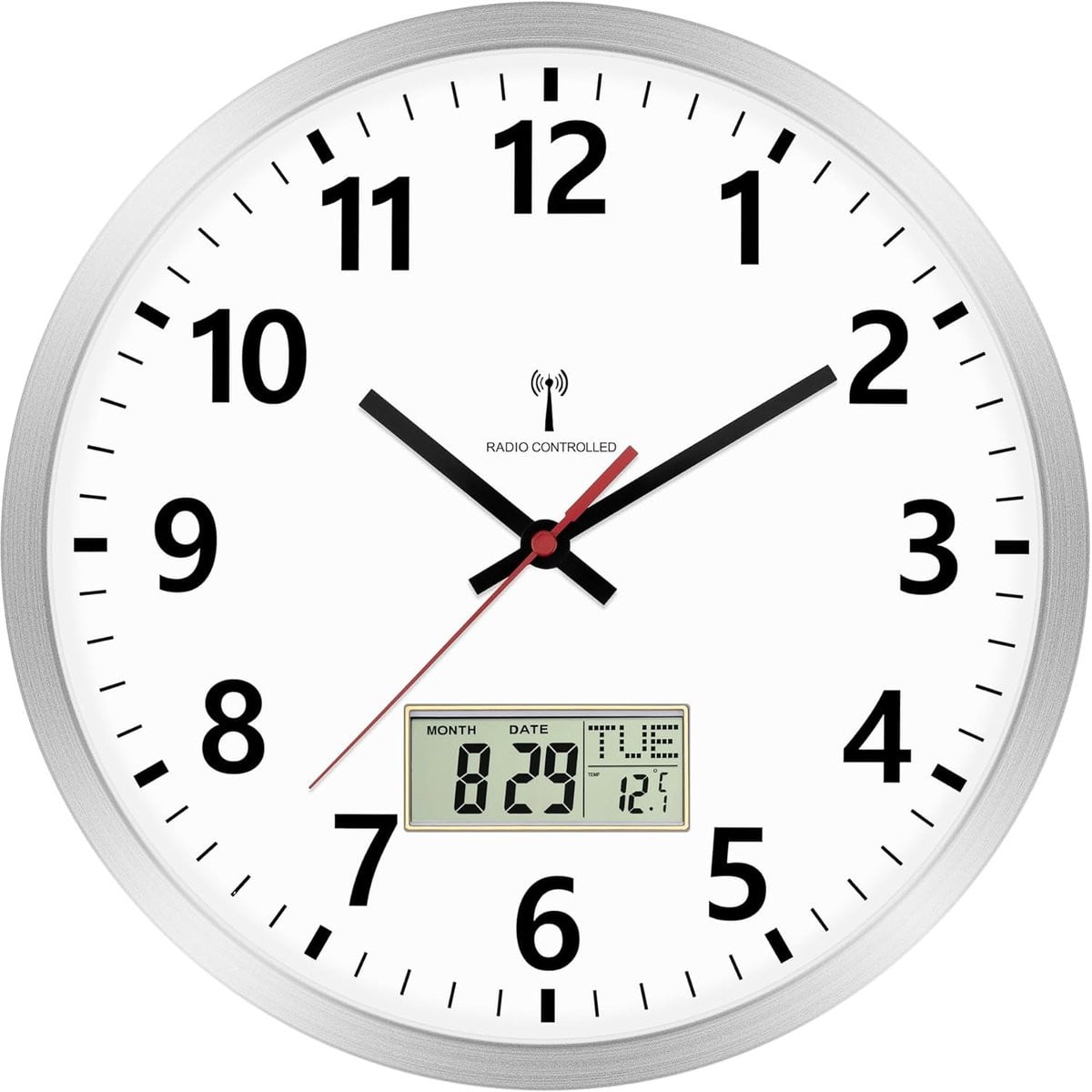 Thijox Draadloze Wandklok Radio met Digitale LCD-Display, Temperatuur en Datum, Zilveren Aluminium Frame, 30 cm