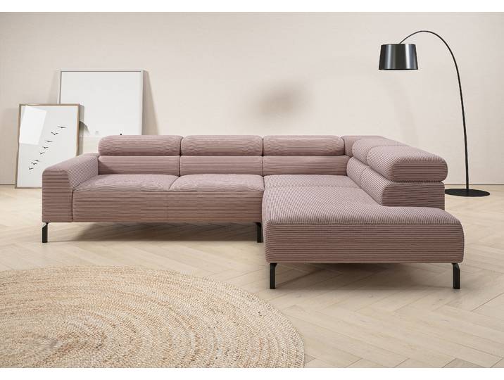 Ecksofa, Cord, Rosé, 276×219 cm, Elektrische Sitztiefenverstellung, Modern, Places of Style