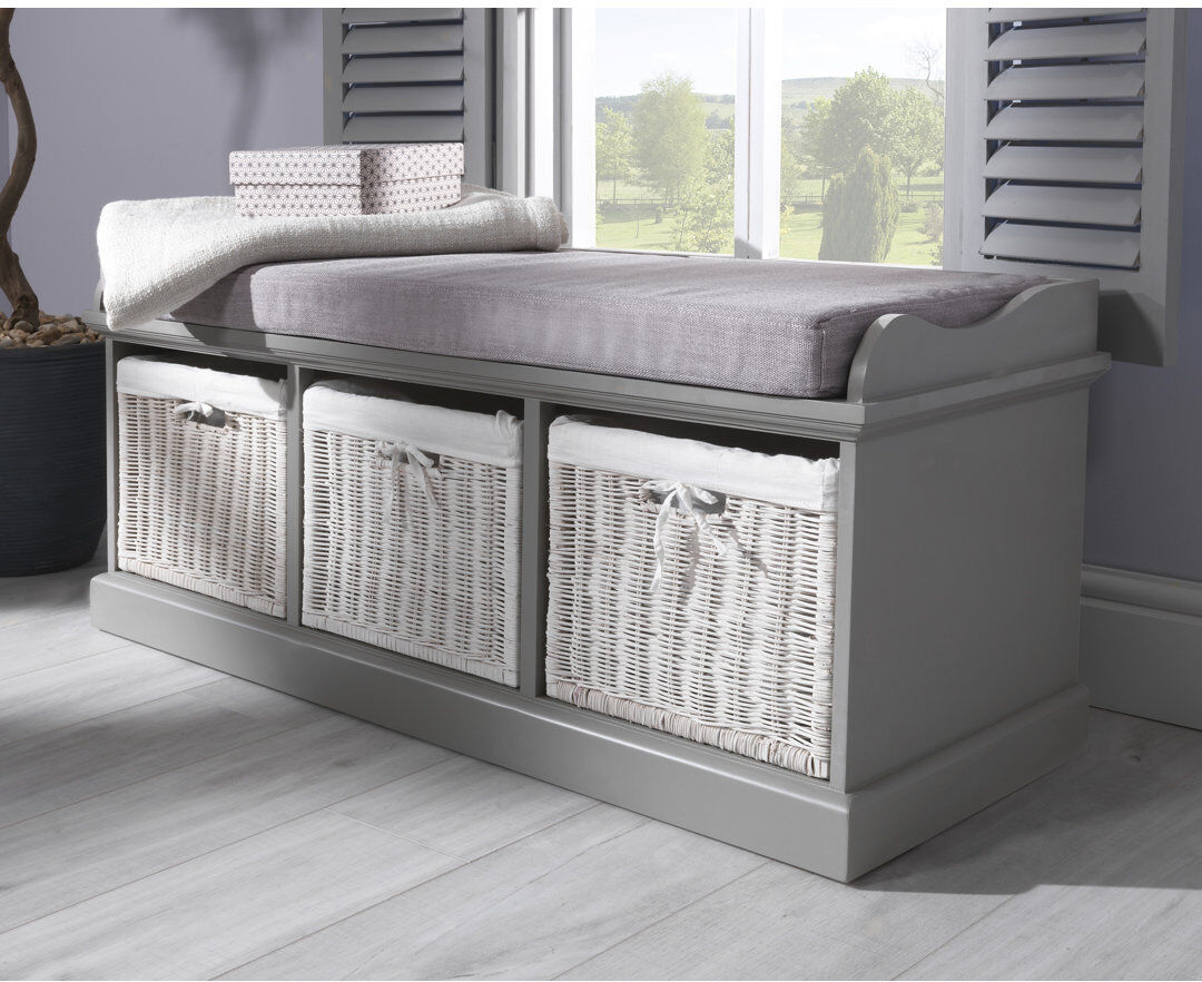 August Grove Bastogne Polyester Blend Upholstered Storage Bench Grey/Grey/White 46cm H X 112cm W X 40cm D