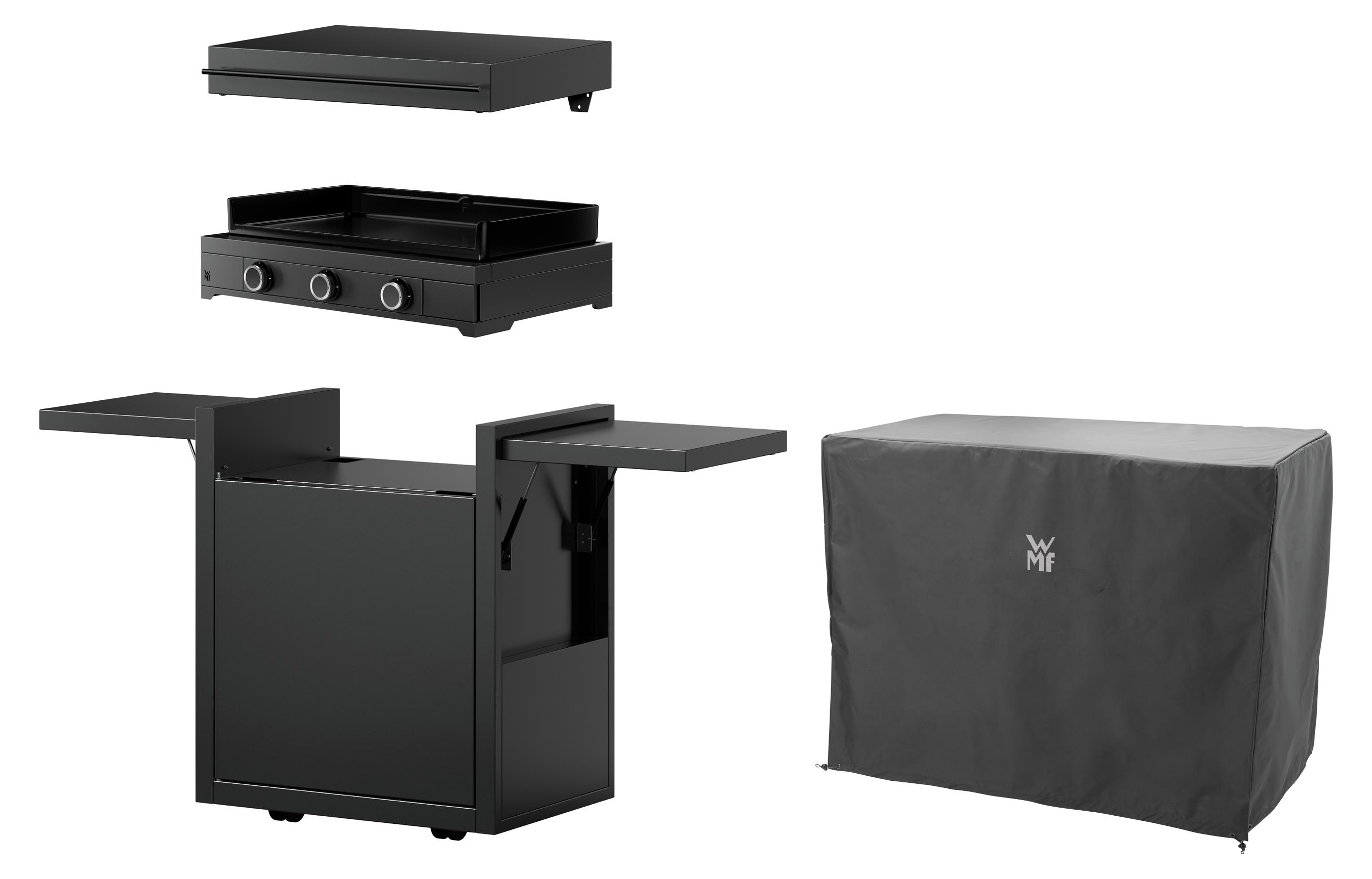 WMF Plancha Set 60G mit Plancha Grill Gas / Planchadeckel / Planchawagen / Abdeckhaube, 6300 W, 75 x 99.5 x 63 cm, Stahl / Gusseisen / Aluminium / Edelstahl, schwarz