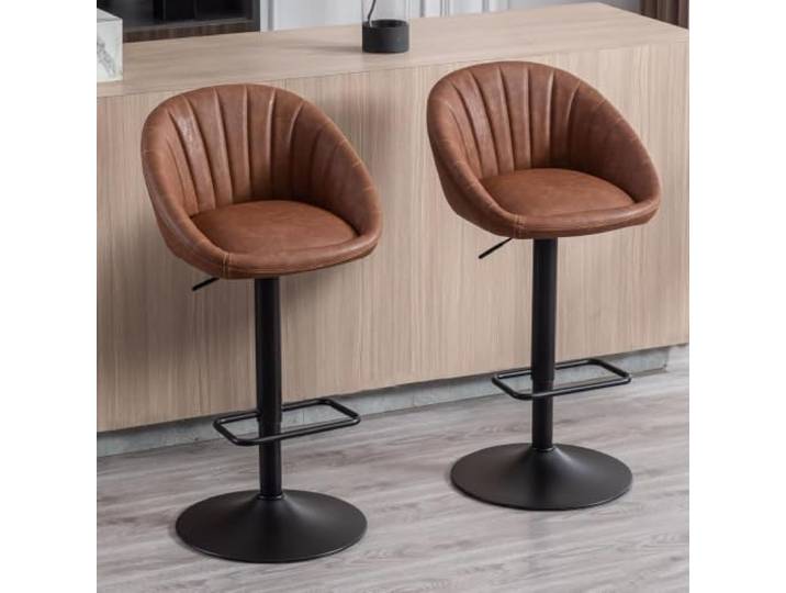 Ya-Home Barhocker 2er Set höhenverstellbar mit Fußstütze, Braun Metallgestell, gestepptes Design, mit Kunstleder bezogen, drehbarer Sitz, höhenverstellbarer Küchenhocker