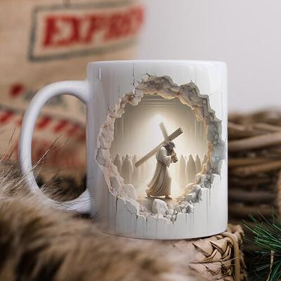 Jesus 3D Keramik Kaffeetasse 330ml/12oz, christliche Geschenktasse mit Kreuz tragendem Jünger, religiöse weiße Keramiktasse für Gebet, Kirche, Ostern, Glaube, Wohndeko