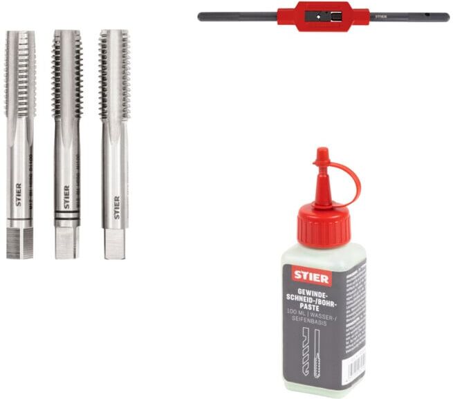Set Stier STIER Handgewindebohrer Satz 3-tlg. DIN 352 HSS-G M 12 + STIER Windeisen DIN 1814 Nr. 2 + STIER Gewindeschneidpaste Bohrpaste 100 ml Wasser-/ Seifenbasis