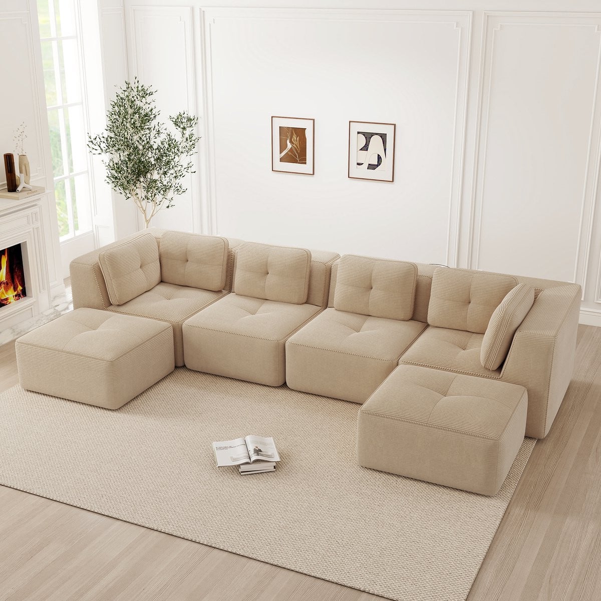 U-Bank Modulaire U-vormige Hoekbank met Poef en Slaapfunctie, Beige