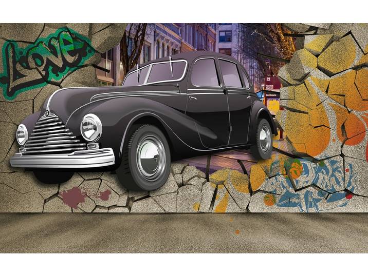 Fototapete PAPERMOON Auto durch Mauer , bunt, B:4,5m L:2,8m, Vlies, Tapeten, Fototapete