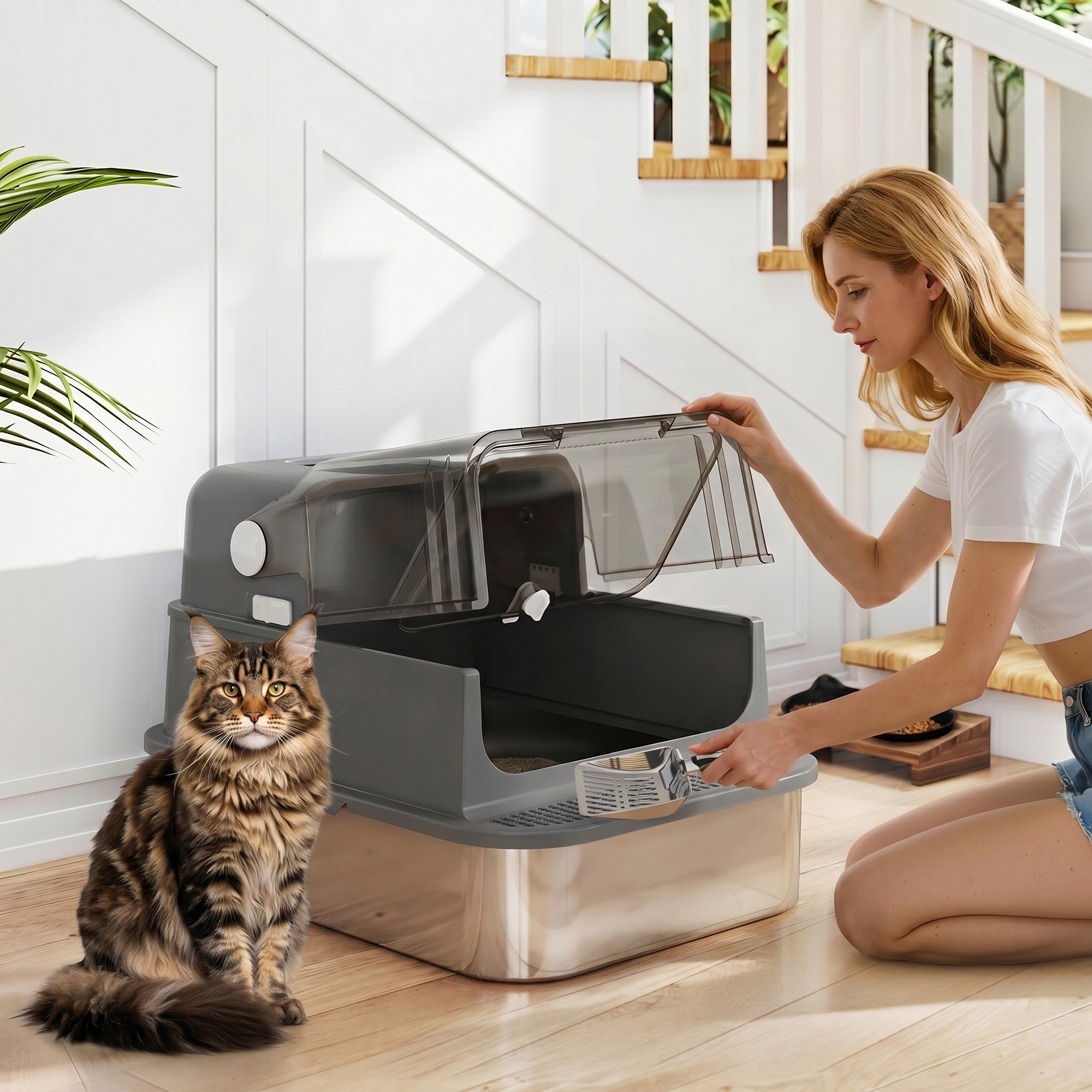 Pawhut Lettiera Gatto Chiusa in Acciaio Inox 52L con Coperchio Ribaltabile, Doppia Porta, Paletta, Nero   Aosom Italy