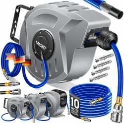 MASKO® Automatik Druckluftschlauch Aufroller – Schlauchtrommel mit 1/4" Anschluss, Schlauchaufroller, Wandhalterung, Tragegriff, 180° schwenkbar, Schlauchbremse, vormontiert & sofort einsatzbereit