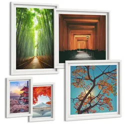 BILDER SET 5er Set - 50x50 cm & 20x30 cm & 40x60 cm Weißer Rahmen - Meerblick, farbenfrohe Häuser