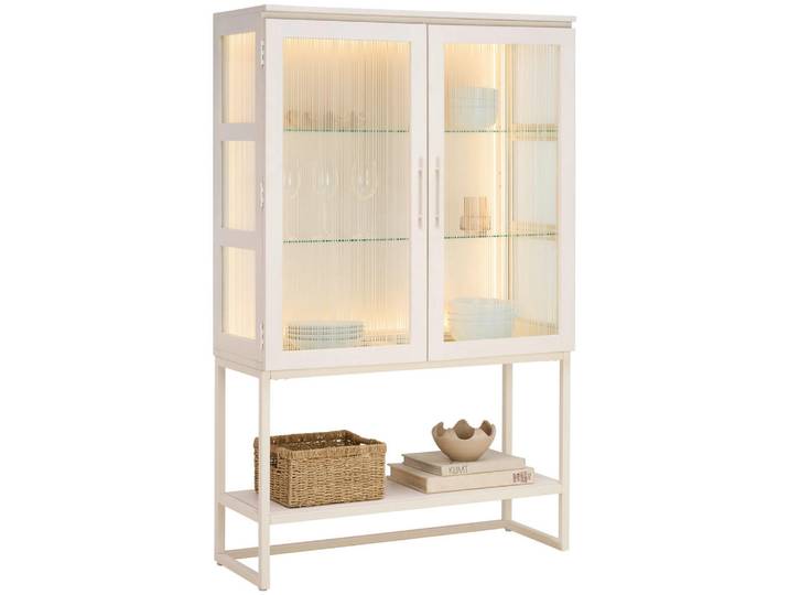Lomoco Vitrine, Weiss, Metall, Esche,Esche,Esche,Esche,Esche, furniert, massiv,massiv,massiv,furniert,furniert, 2 Fächer, G, 100x160x43 cm, Beimöbel erhältlich, stehend, Beleuchtung, Esszimmer, Vitrinen, Vitrinenschränke