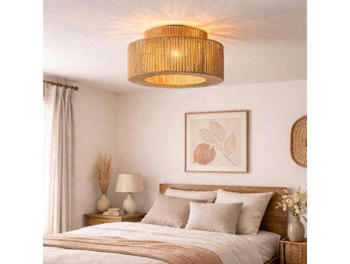 Alpinaluz Plafonnier YUMA Ø38 cm en Corde de Jute Beige avec Structure en Fer\, Lampe Artisanale Style Boho avec Abat-jour Tressé pour Salon ou Chambre\, Éclairage Chaleureux et Décoratif