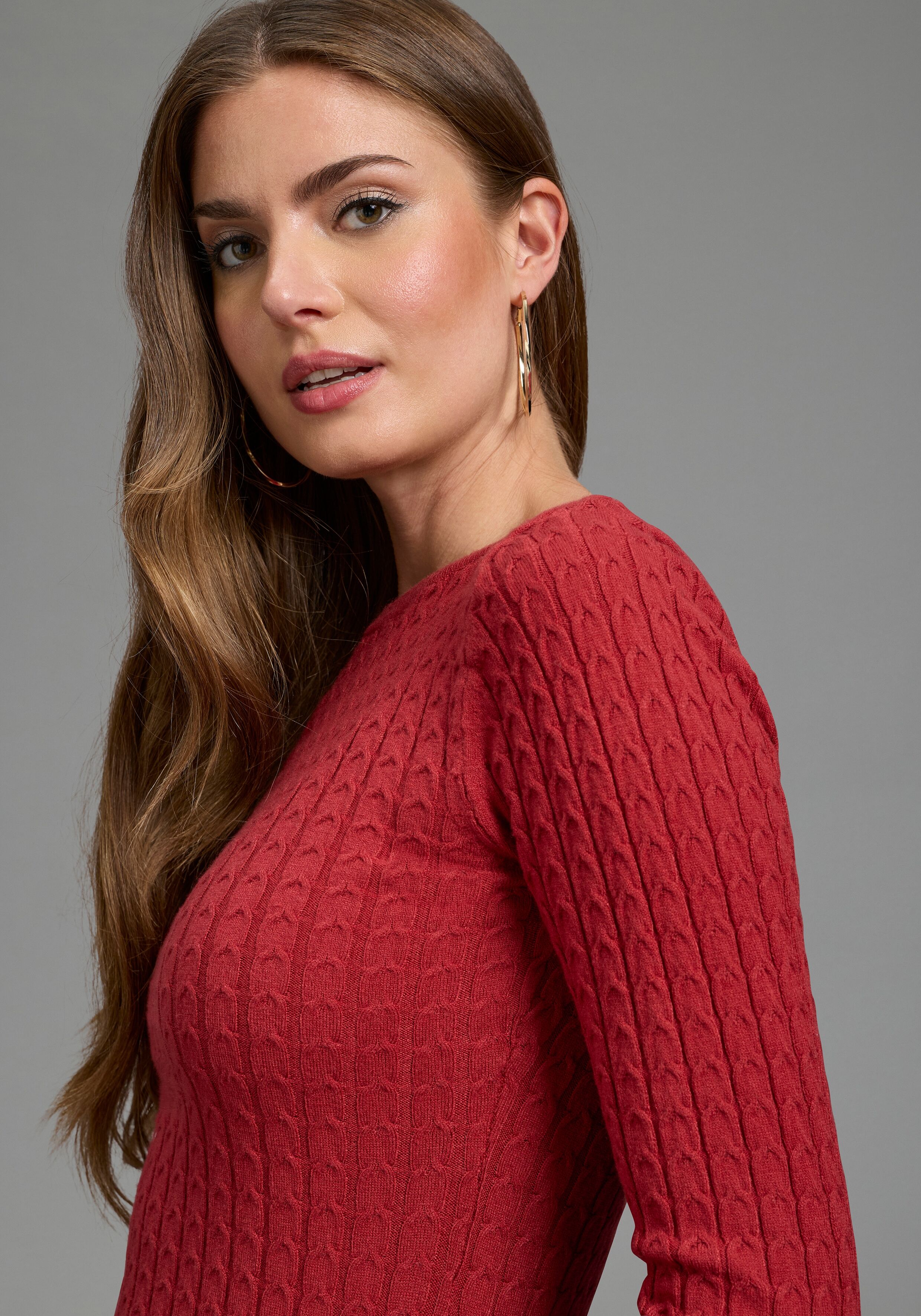 Strickpullover MELROSE, Damen, Gr. 40, rot, Feinstrick, Obermaterial: 50% Viskose, 28% Polyester, 22% Polyamid, Zopfmuster, sehr figurbetont hüftlang, U-Boot-Ausschnitt, Pullover Strickpullover, mit Zopfmuster, aus weicher Viskosemischung, Topseller