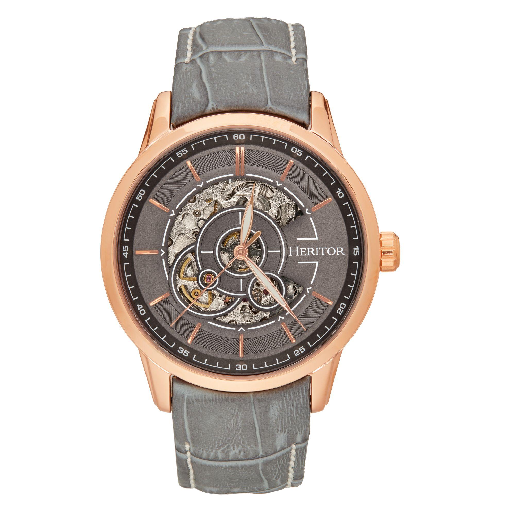 Heritor automatisch Davies semi-skelet lederen band horloge
