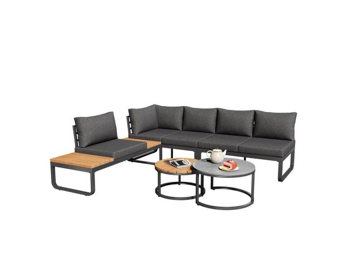 Flieks Gartenset 4-5 Sitzer Grau Mit 2 Stapeltischen, Metall, Gartenmöbel, Gartengarnituren, Gartenmöbel-Sets