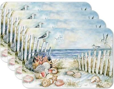 CounterArt Coastal Sanctuary 4 Pack Reversible Easy Care Flexible Plastic Placemats Made in The USA BPA Free Easily Wipes Clean