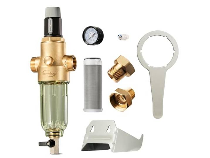 iSpring WSP50PRG Rückspülfilter Wasserfilter, Druckminderer, 50 μm Spin Down Sedimentfilter. G 1 Zoll + 3/4 Zoll Anschluss. Wiederverwendbarer Vorfilter aus Messing.