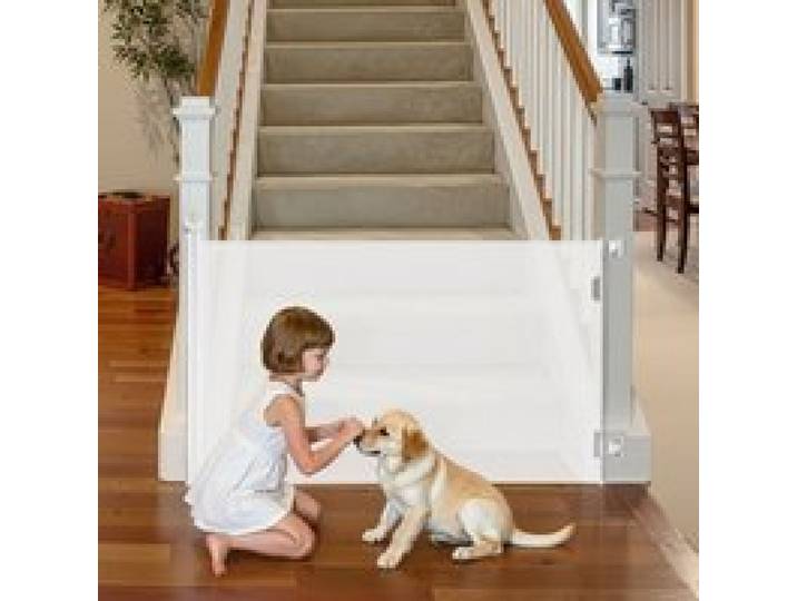 VEVOR Barrière de Sécurité Extensible, Clôture en Maille 145 cm de Large et 98 cm de Haut, Barrière Rétractable pour Animaux de Compagnie, avec Verrou de Sécurité, pour Couloir Escalier, Blanc