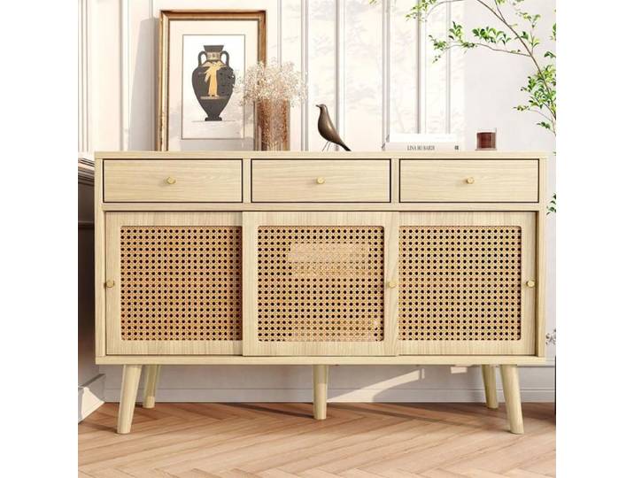Buffet bas - Chêne - 120x40x78 cm - 3 tiroirs - 3 portes coulissantes - Style industriel