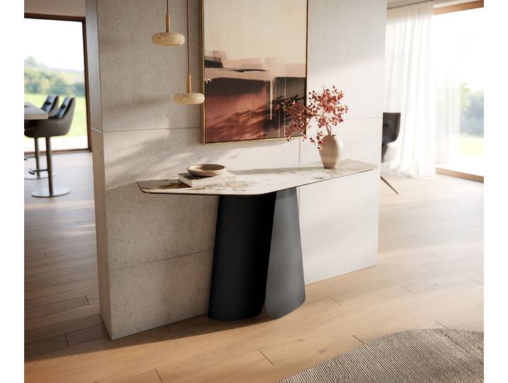 Konsolentisch Edge Polygonal 140x50 cm Keramik Minas Melange Weiß-Beige Livos Metall Schwarz, Konsolentische