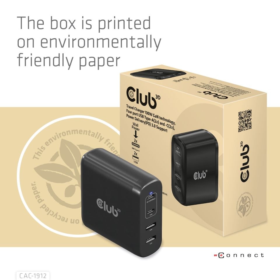 Club3D Club 3D Reise Ladegerät PPS 100W GAN, USB Typ-C/Typ-A Power Delivery (PD) 3.0 CAC-1912EU