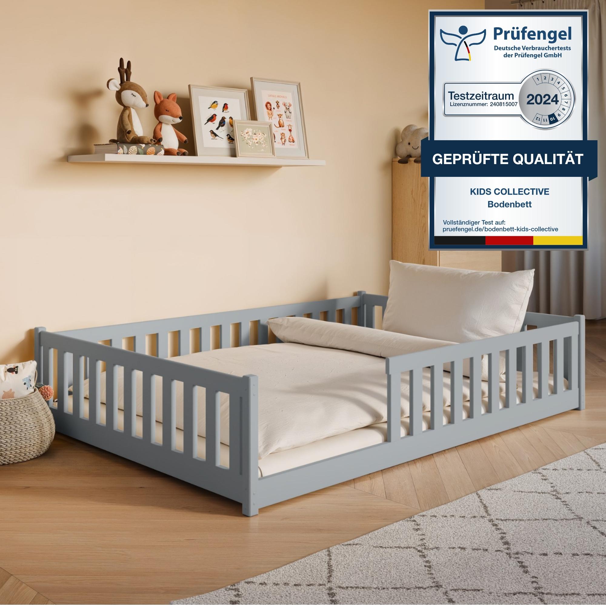 Kinderbett Bodenbett 140x200 cm mit Rausfallschutz, Matratze & Lattenrost Montessori Bett Bed Gitterbett Kinder Jugendbett Einzelbett | Aschgrau
