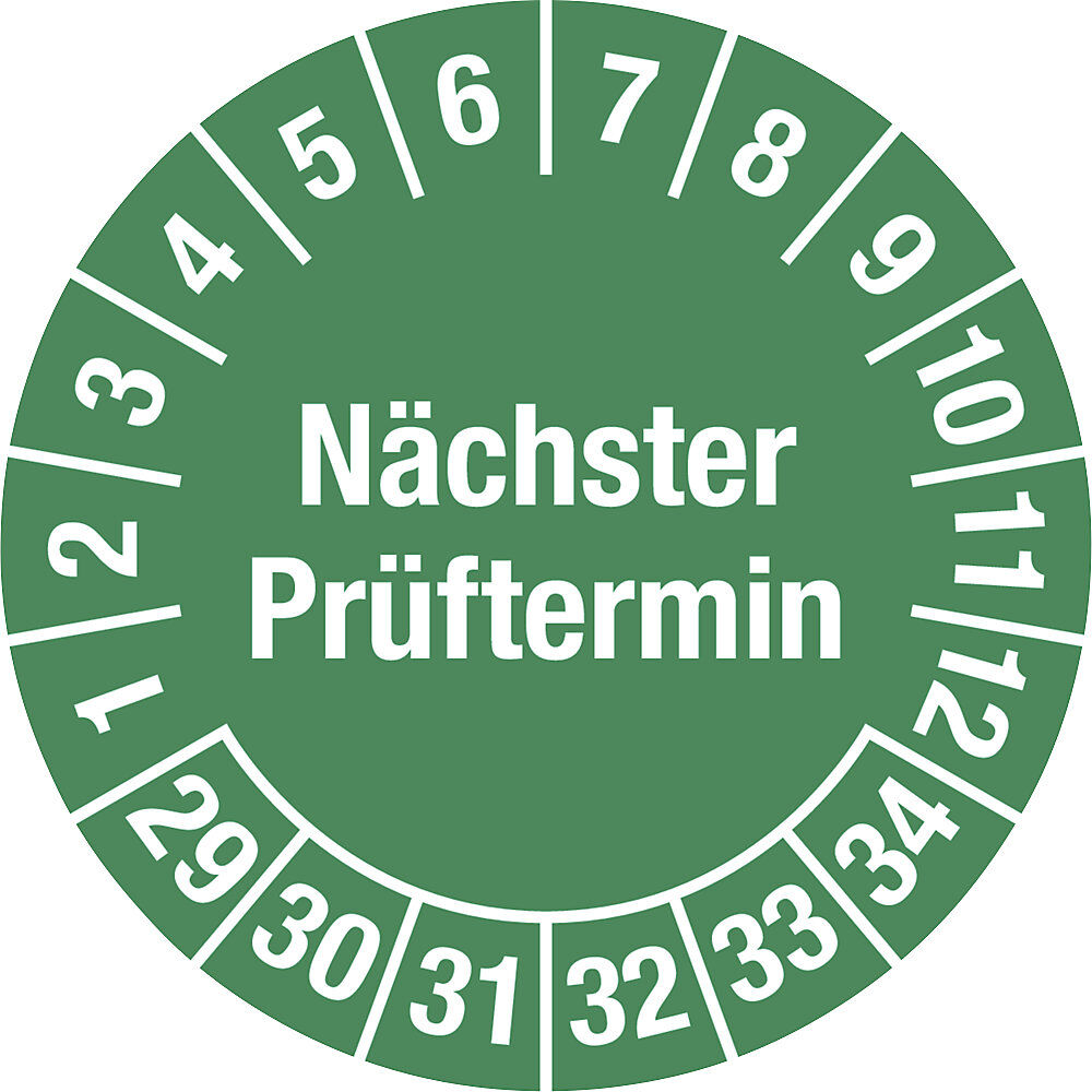 kaiserkraft Nächster Prüftermin, Mehrjahreszahlen, Dokumentenfolie für ölhaltige Untergründe, Ø 30 mm, VE 10 Stk, 29 - 34, grün