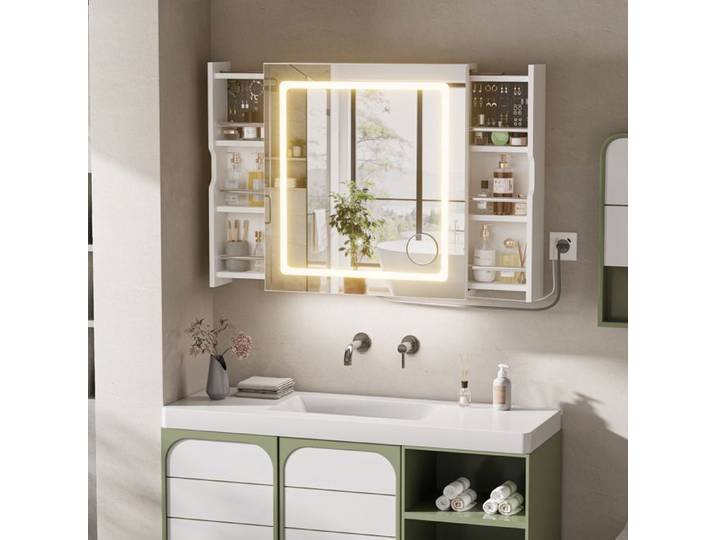 Armoire miroir LED antibuée 60cm - 3 niveaux de rangement - 3 couleurs - Capteur gestuel - Loupe - Prise