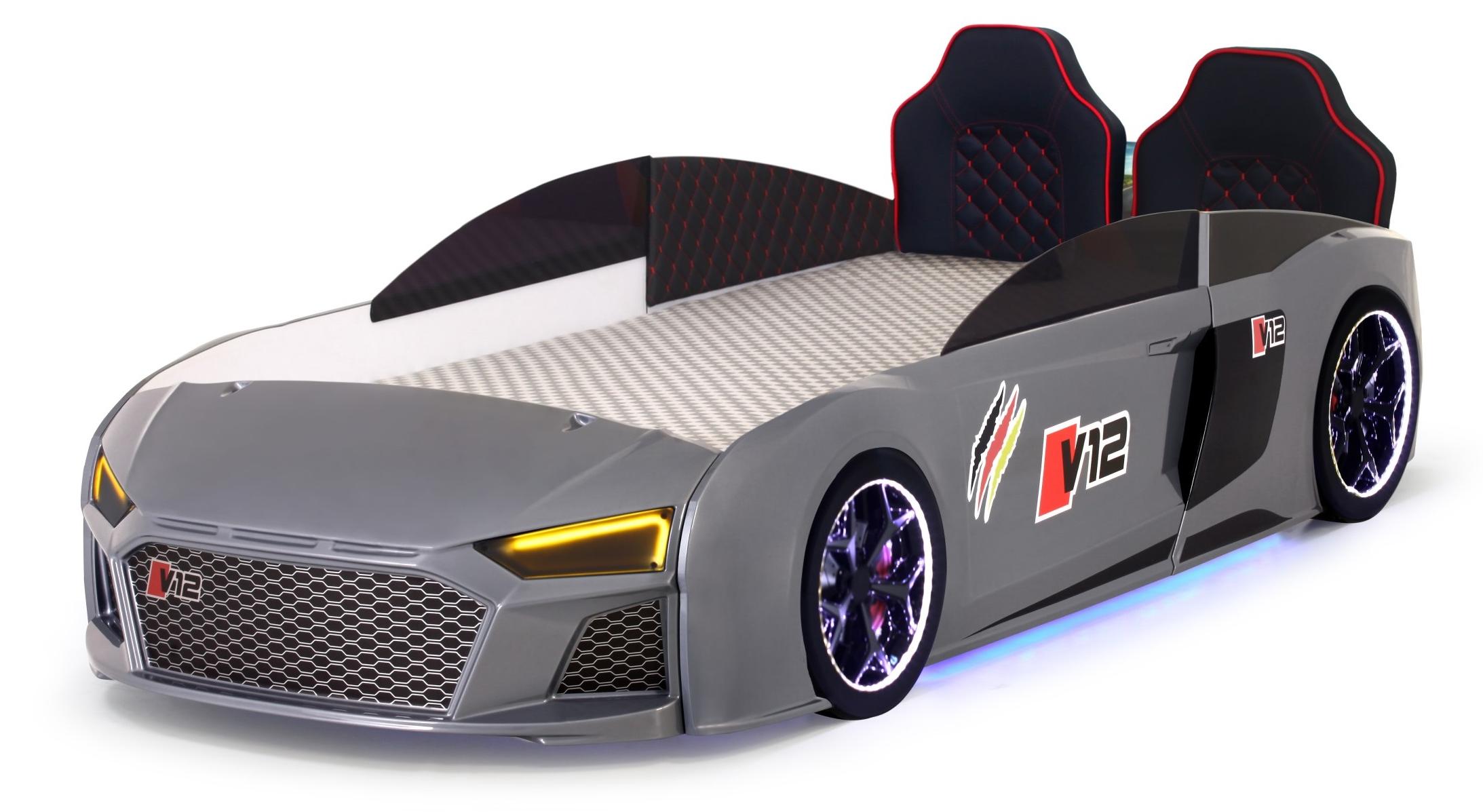 Kinder Autobett V12 Full mit Sound & LED Scheinwerfer in Grau