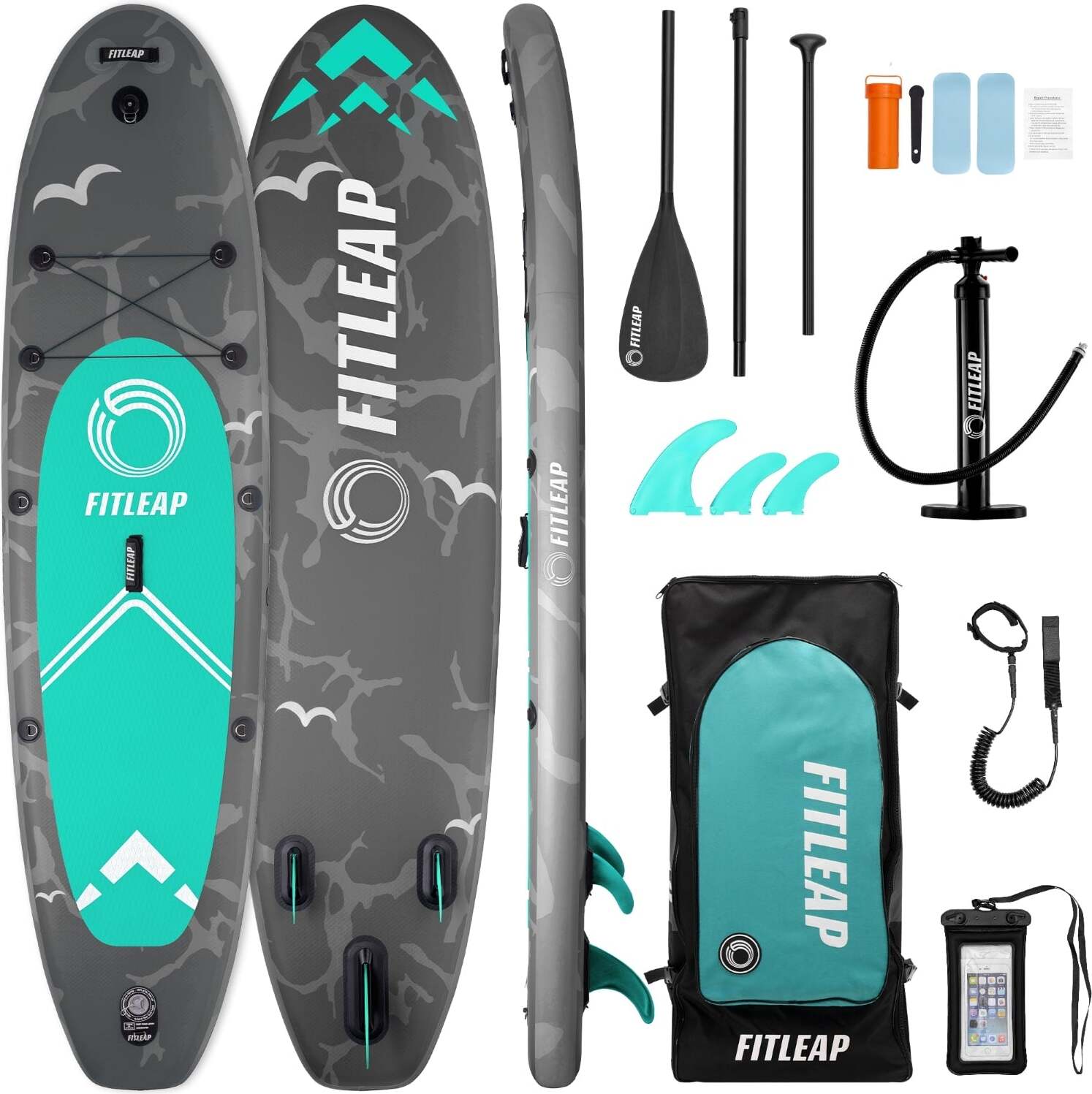 Fitleap Premium Stand Up Paddle Board aufblasbar - SUP Board Set mit Hochdruckpumpe, verstellbarem Paddel und Rucksack - Ideal für Anfänger und Profis - Perfekt für Yoga, Surfen und Wassersport